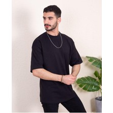 Franco Renzo Erkek Oversize Fit %100 Organik Pamuk Kalın Dokulu Bisiklet Yakalı Tişört - Siyah