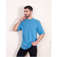 Franco Renzo Erkek Oversize Fit %100 Organik Pamuk Kalın Dokulu Bisiklet Yakalı Tişört - Mavi