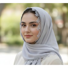 Arzum Çeyiz El Işi Iğne Oyası Mevlüt Başörtüsü 140 * 70 cm Boyutunda - Gri Erik Çiçek Model