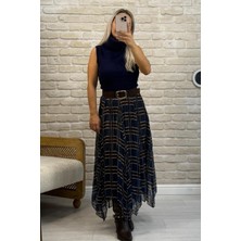 Muna Boutique Asimetrik Kesim Desenli Lacivert Uzun Etek