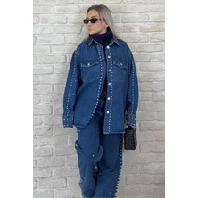 Muna Boutique Lacivert Kot Boncuk Işlemeli Düğmeli Kadın Alt Üst Takım