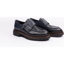 621 Erkek Lacivert Çift Tokalı Kroko Desenli Kalın Taban Deri Loafer