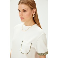 Allyco Kadın Çizgili Örme Tişört Bisiklet Yaka Kısa Kol Ekru - Haki Renkli Günlük Stil