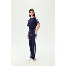 Allyco Kadın Beli Lastikli Nervürlü Regular Fit Modal Karışım Pantolon Lacivert - Ekru