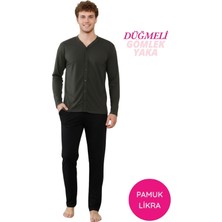 Alimer Erkek Haki V Yaka Önden Düğmeli Pamuk Likra Mevsimlik Uzun Kol Cepli Pijama Takımı
