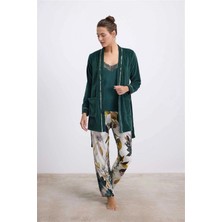 Marsilyan Anıl Kadın Kadife Sabahlık, Dantelli Atlet ve Desenli Pantolon Pijama Takım 11554