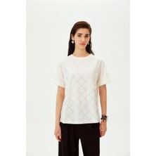 Allyco Taşlı Baklava Desenli Bisiklet Yaka Pamuklu Regular Örme Tişört