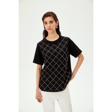 Allyco Taşlı Baklava Desenli Bisiklet Yaka Pamuklu Regular Örme Tişört