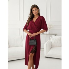 Hazego Kadın Uzun Kollu Kruvaze Yakalı Yandan Dantelli Midi Ithal Krep Elbise