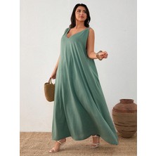 ModaSehle Kadın Büyük Beden Askılı Halka Detaylı Maxi Elbise