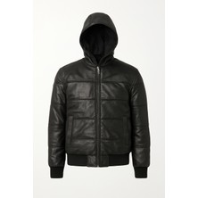 Moda Erkek Siyah Gerçek Deri Kapüşonlu Mont – Bomber Model