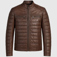 Moda Erkek Gerçek Deri Çizgi Dikişli Mont – Kahverengi, Fermuarlı Şık Deri Ceket