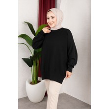 SFG Life Moda Kadın Testtür Giyim Bisiklet Yaka Yırtmaç Taşlı Balon Kollu Oversize Triko Tunik