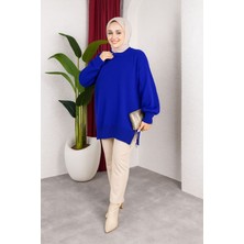 SFG Life Moda Kadın Testtür Giyim Bisiklet Yaka Yırtmaç Taşlı Balon Kollu Oversize Triko Tunik