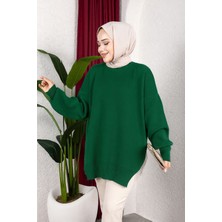 SFG Life Moda Kadın Testtür Giyim Bisiklet Yaka Yırtmaç Taşlı Balon Kollu Oversize Triko Tunik