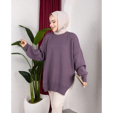 SFG Life Moda Kadın Testtür Giyim Bisiklet Yaka Yırtmaç Taşlı Balon Kollu Oversize Triko Tunik