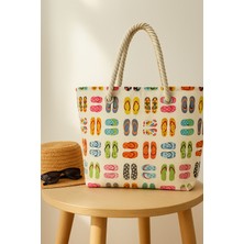 Plaj Terliği Desenli Büyük Boy Piknik ve Plaj Çantası –  Halat Saplı – 55X36X15 cm