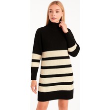 SFG Life Moda Kadın Dik Yaka ve Boydan Fitilli Triko Tunik-Elbise