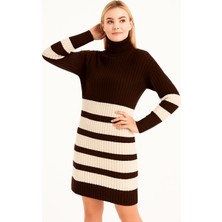 SFG Life Moda Kadın Dik Yaka ve Boydan Fitilli Triko Tunik-Elbise