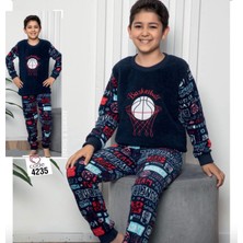 Lacivert Basketbol Nakışlı Polar Erkek Çocuk Pijama Takım