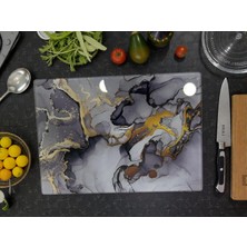 Online Home Market Temperli Cam Sebze Meyve Doğrama Kesme Tahtası + Yedek Slikon Ayak, Kenarları Oval, Antibakteriyal Koyu Mermer Desenli 25X35 cm
