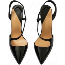 Mira Siyah Rugan Hakiki Deri Sivri Burun Kadın Topuklu Ayakkabı