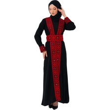 Zaytoon Filistin Kırmızı ve Renkli Nakışlı Siyah Filistin Uzun Abaya C100052