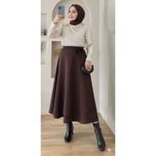 Cng Moda Puf Scuba Yandan Bağlamalı Fermuarlı Likralı Kloş Etek