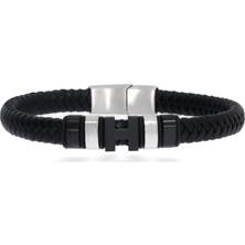 Celikchi Erkek Siyah Harf ve Silver Renk Detay Deri Bileklik