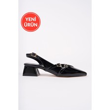 MARSHETTA Leiria Model Toka Detaylı Siyah Rugan Arkası Açık Sivri Burun Kare Topuklu Babet Kadın Ayakkabı