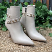 Mey Ayakkabı Gold Taş Detaylı Ince Topuk Bej Kadın Bilek Bot M4596