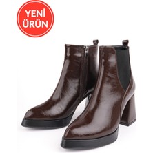 MARSHETTA Forte Model Kahverengi Sivri Burun Platform Topuklu Yandan Fermuarlı Kadın Bot