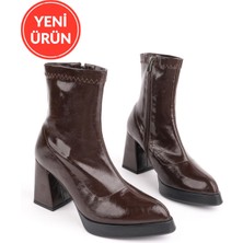 MARSHETTA Flessa Model Kahverengi Sivri Burun Platform Topuklu Yandan Fermuarlı Kadın Streç Bot