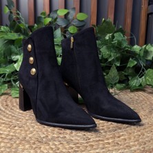 Mey Ayakkabı Lüks Gold Düğme Detaylı Siyah Kadın Süet Yüksek Topuklubot M4583