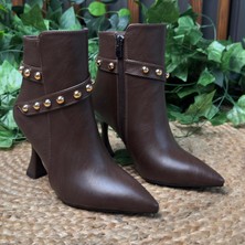 Mey Ayakkabı Gold Taş Detaylı Ince Topuk Kahverengi Kadın Bilek Bot M4597