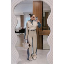 BRTC Design Kadın Krem Denim Detaylı Şardonlu Çıtçıtlı Ikili Takım