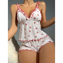 Ruselin Yaka Fırfır Detaylı Kiraz Desenli Askılı Şortlu Pijama Takımı