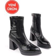 MARSHETTA Flessa Model Siyah Sivri Burun Platform Topuklu Yandan Fermuarlı Kadın Streç Bot