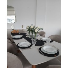 Mtg Jüt Tasarım Mtgjüt Tasarım Siyah Renk Desenli Amerikan Servis Takımı / 6 Adet Supla / 1 Adet Runner / 1 Adet Ekmek Sepeti