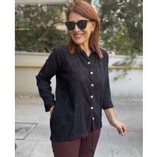 Denizege Butik Brode Desen Gömlek Kapüşonlu Siyah