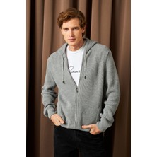 Erkek Kapüşonlu Fermuarlı Triko Hırka Selanik Örgü Cepli Klasik Kalıp - 5249K