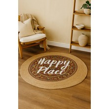 Halımax Snugh Yuvarlak Baskı Jüt Halı Makinede Yıkanabilir Çift Taraflı Doğal Jüt Happy Place Yazılı Kilim