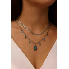 Alsade Turkuaz Detaylı Çift Çoklu Zincir Çelik Kolye