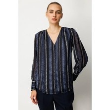 Ekol Süs Düğmeli Desenli Kadın Bluz  3063