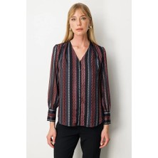 Ekol Süs Düğmeli Desenli Kadın Bluz  3063