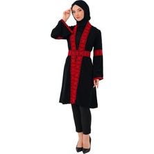 Zaytoon Filistin Kırmızı Nakışlı Siyah Filistin Kısa Kaban Abaya C100053