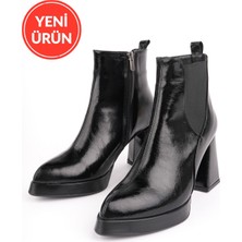 MARSHETTA Forte Model Siyah Sivri Burun Platform Topuklu Yandan Fermuarlı Kadın Bot