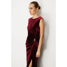 Ekol Beli Büzgülü Maxi Kadife Elbise 4141