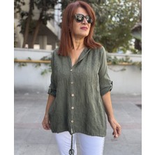 Denizege Butik Brode Desen Gömlek Kapüşonlu Haki