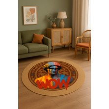 Halımax Snugh Yuvarlak Baskı Jüt Halı Makinede Yıkanabilir Çift Taraflı Doğal Jüt Wow Heykel Figürlü Soyut